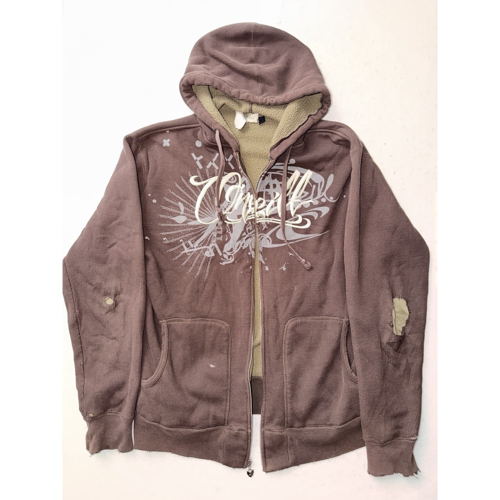 Vintage O'Neill Hoodie Full Zip Mens L Brown Waffle Sherpa Lined Y2K Distressed